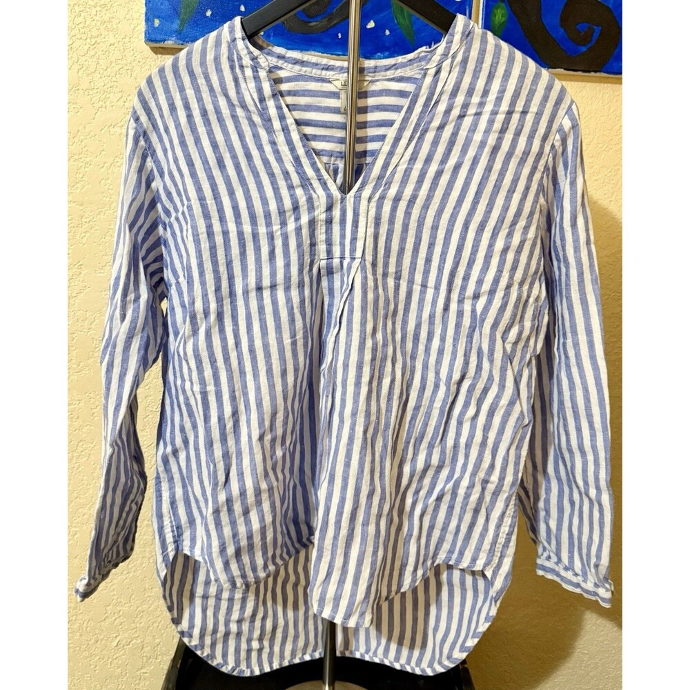 L.L. Bean Size Medium Reg Pullover Linen Shirt Long Sleeve V-Neck Blue Stripe